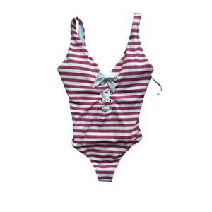 Southern Tide Very Berry Pink Stripe Lace Front One Piece Swimsuit M NWT